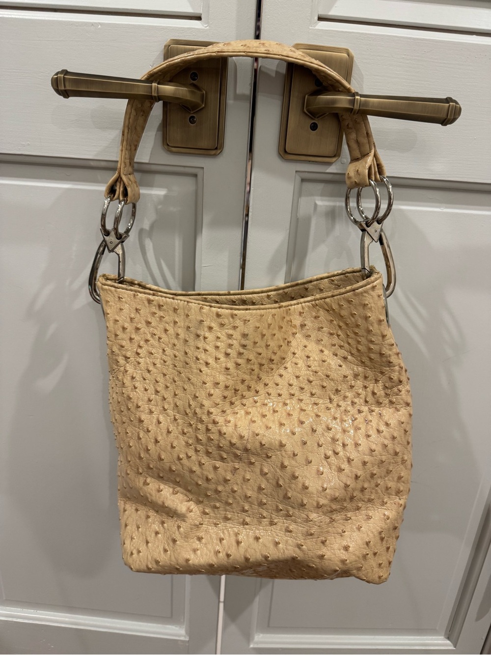 Braciano Beige Textured Shoulder Bag with Silver Ring Hardware
